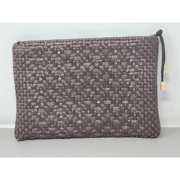 Woven Brown Clutch Pouch With Zipper & Drawstring Detail Striped Fabric Lining‎ - Picture 1 of 7